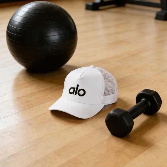 ALO Yoga Accessories - Alo Yoga White Trucker Hat with Black Embroidered Logo